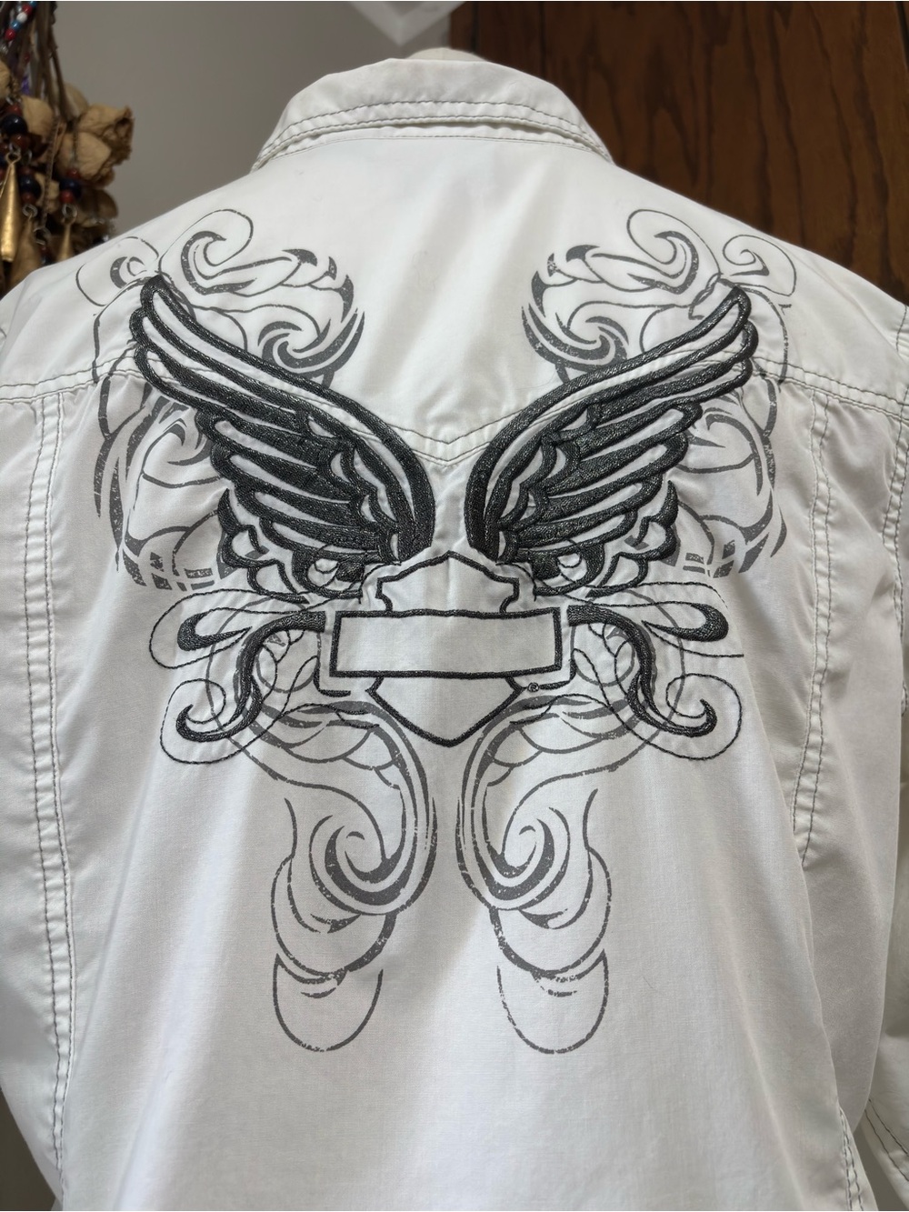 Harley Davidson White Winged Button Up Shirt Large Biker Moto Western Boho - Picture 2 of 15